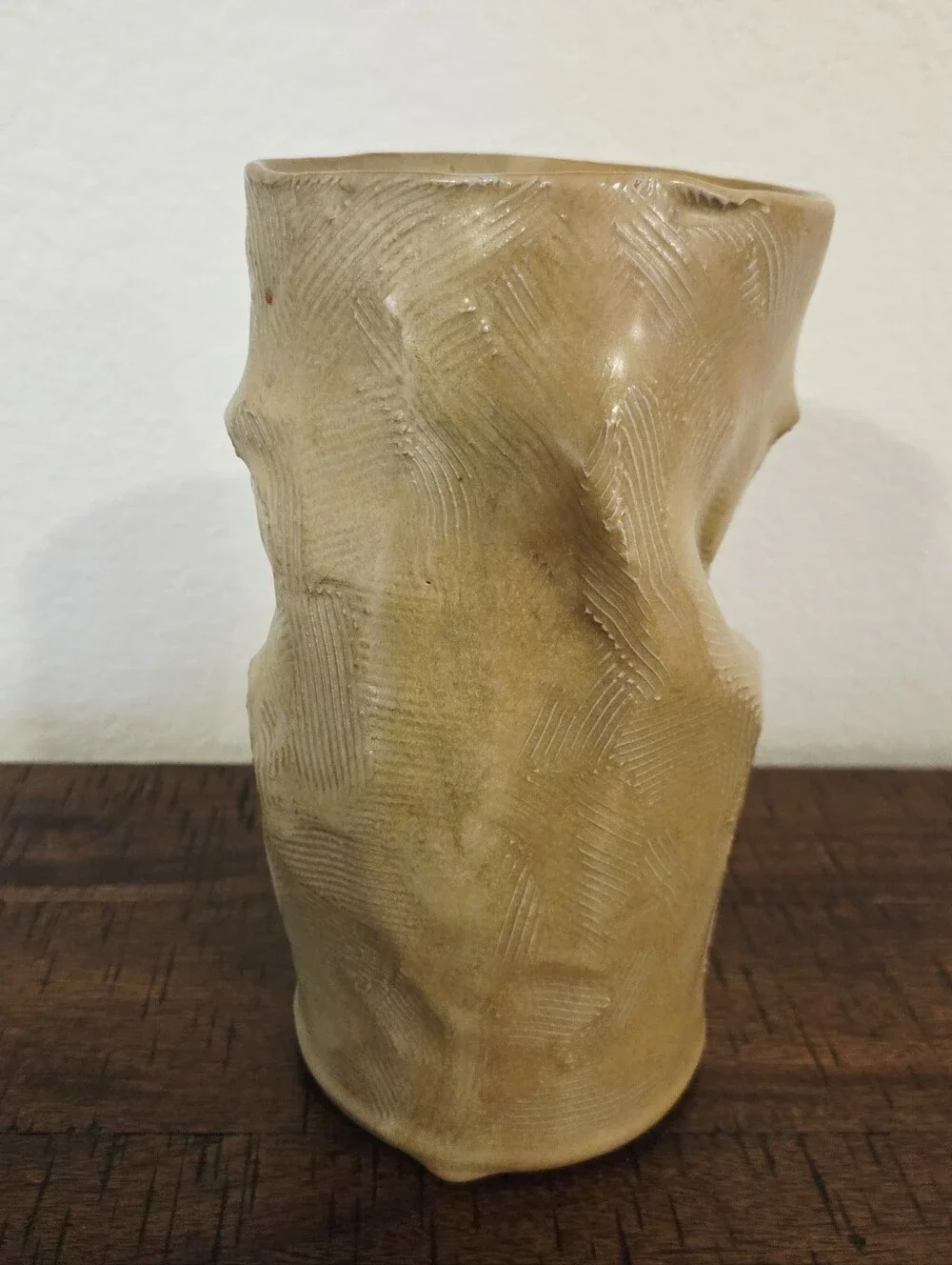 Vintage Modernist Studio Art Pottery Paper Bag Style Vase Signed